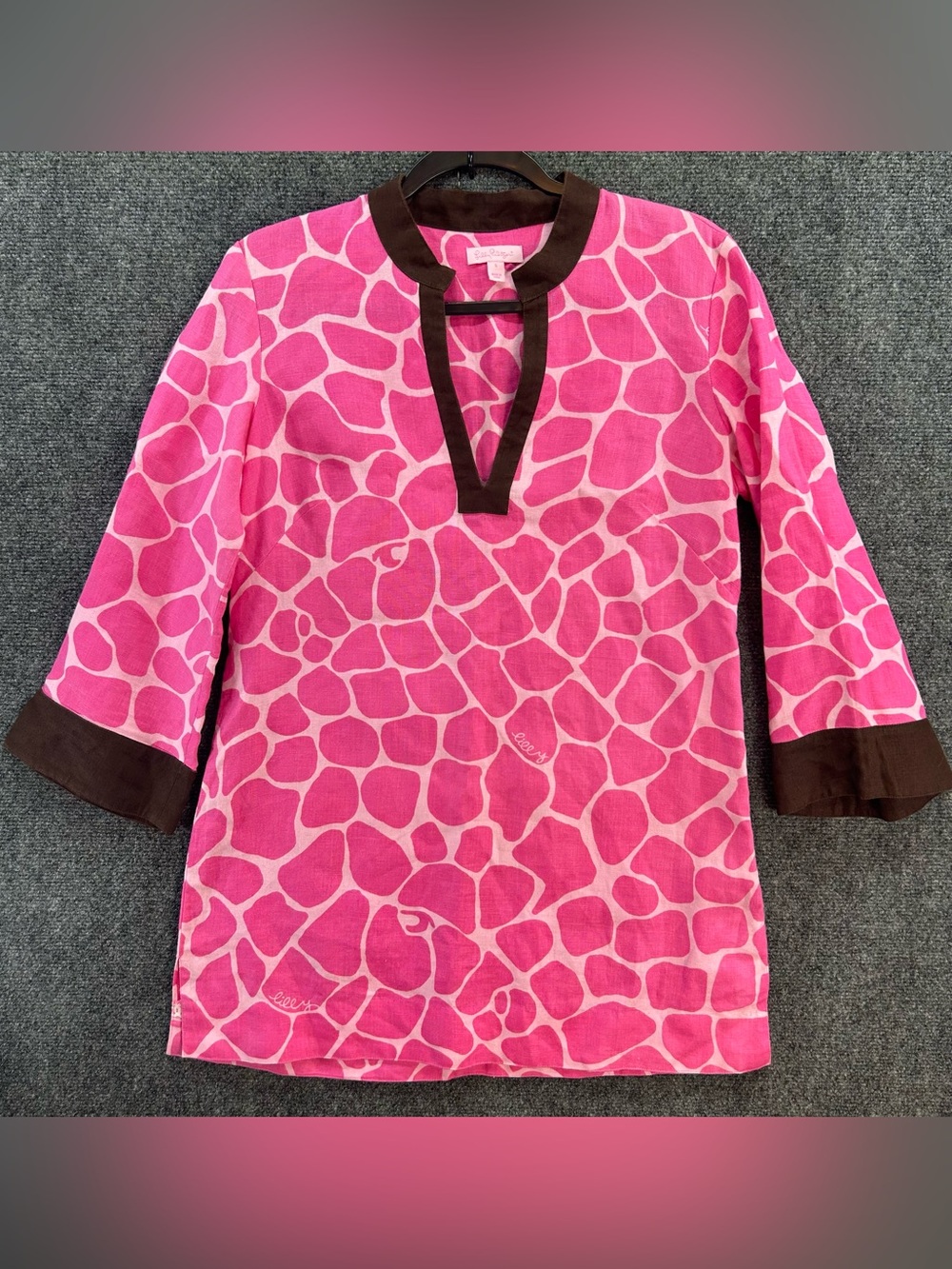 Lilly Pulitzer Womens Linen Tunic Top Small Pink Leopard Print With Brown Trim